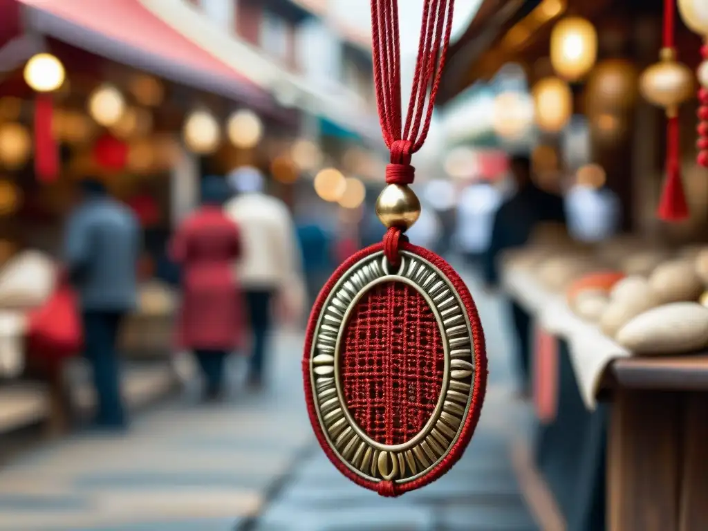 Un amuleto de protección tradicional, entretejido con hilo rojo y piedras brillantes, en un mercado borroso