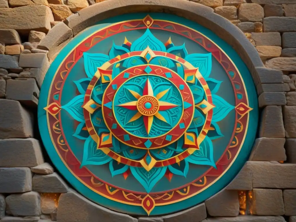 Un mandala ancestral en una pared de piedra iluminado por un rayo de sol