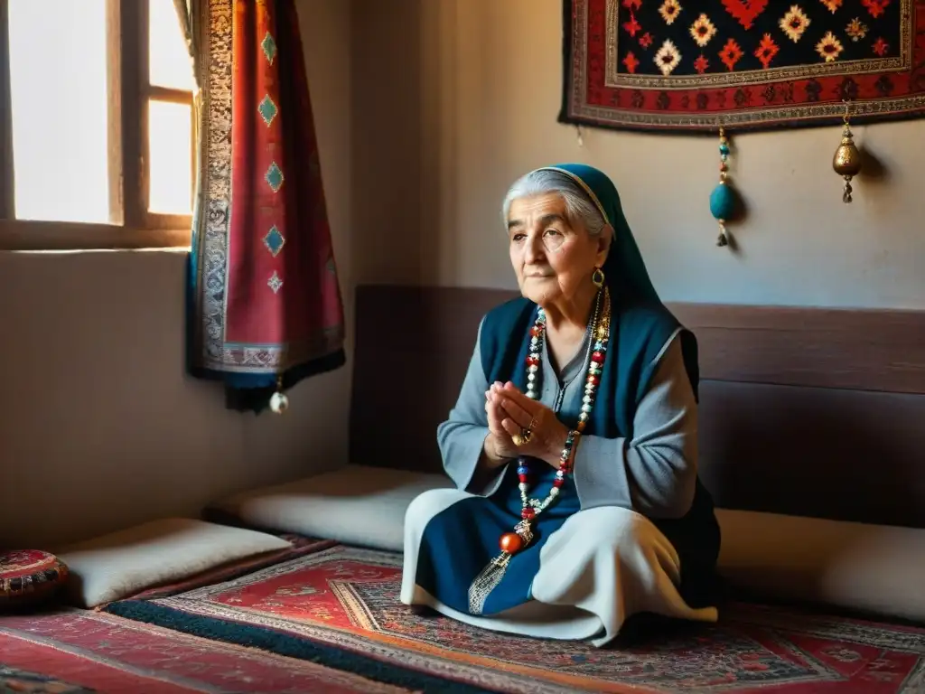 Reflexión espiritual de mujer Aleví en Anatolia Anciana aleví en habitación decorada con alfombras y tapices, sosteniendo un rosario, mirando por la ventana al atardecer