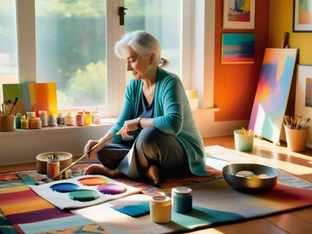 Una anciana crea arte con pinceles y pinturas en un entorno lleno de colores, transmitiendo paz y conexión