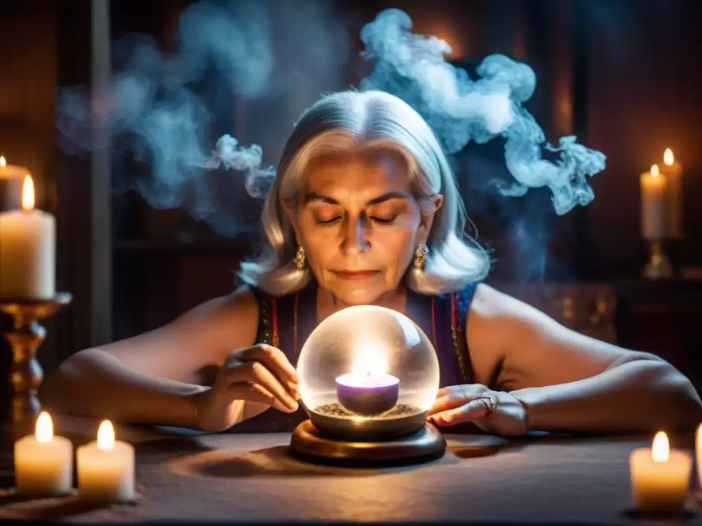 Una anciana con cabello plateado medita en una habitación tenue, rodeada de velas y cristales