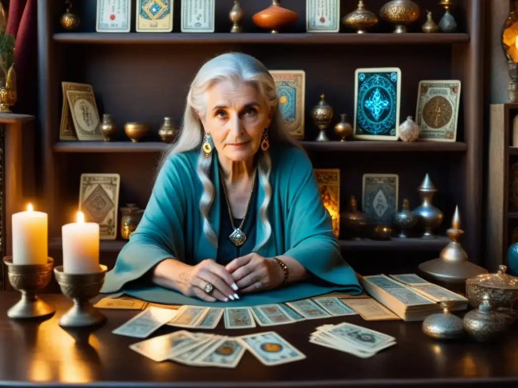 Una anciana con cabello plateado y ojos sabios, viste túnicas adornadas con símbolos, leyendo el Tarot con la carta de La Papisa