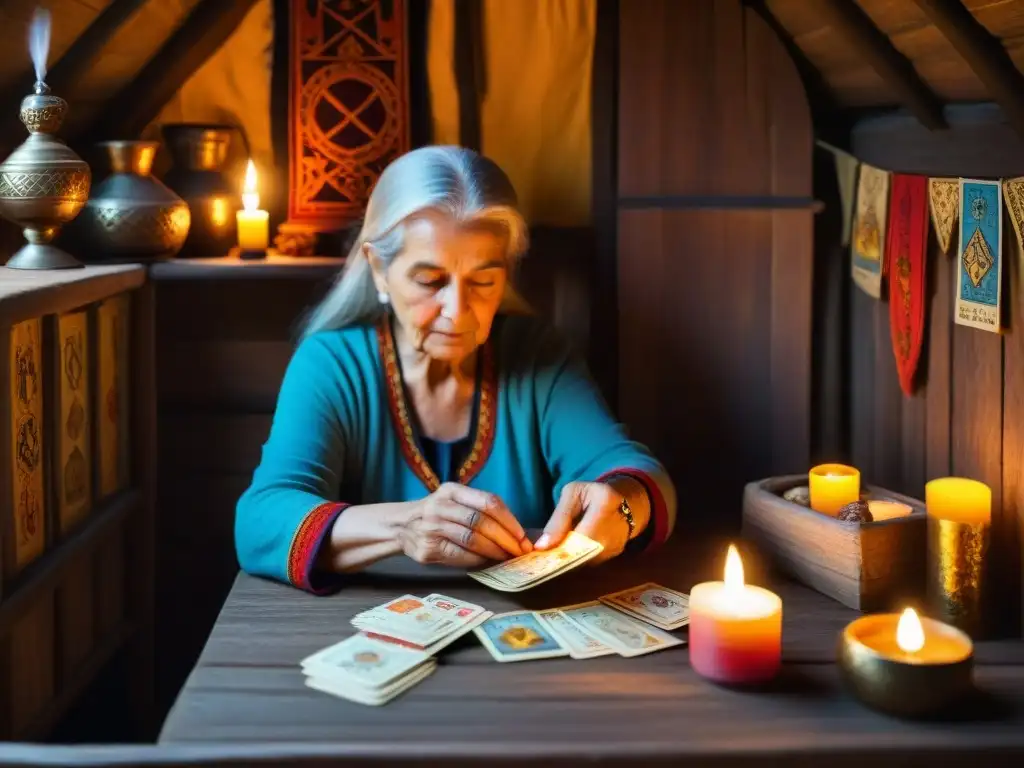 Una anciana baraja cartas del tarot en una cabaña iluminada por una vela, simbolizando la fusión de sabiduría ancestral y incertidumbres financieras