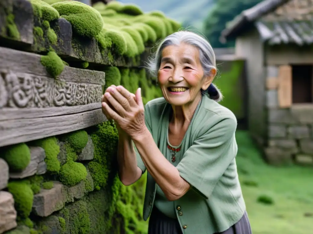 Una anciana sostiene una foto junto a una pared de piedra cubierta de musgo verde