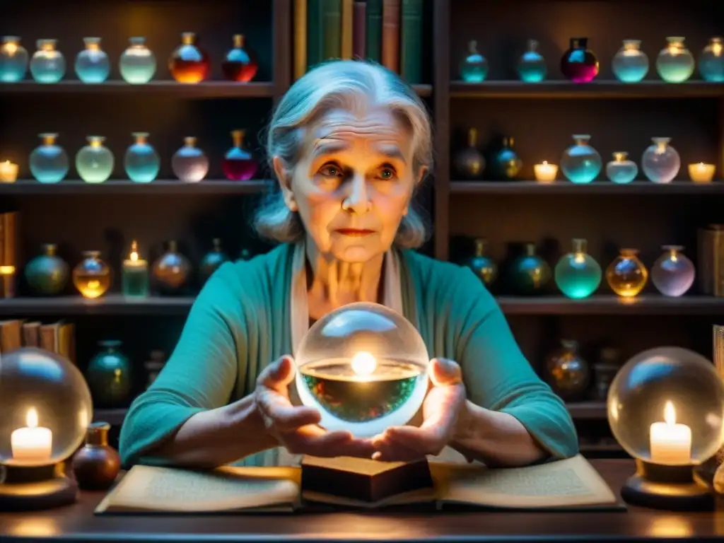 Una anciana en una habitación tenue, rodeada de libros antiguos y artefactos místicos