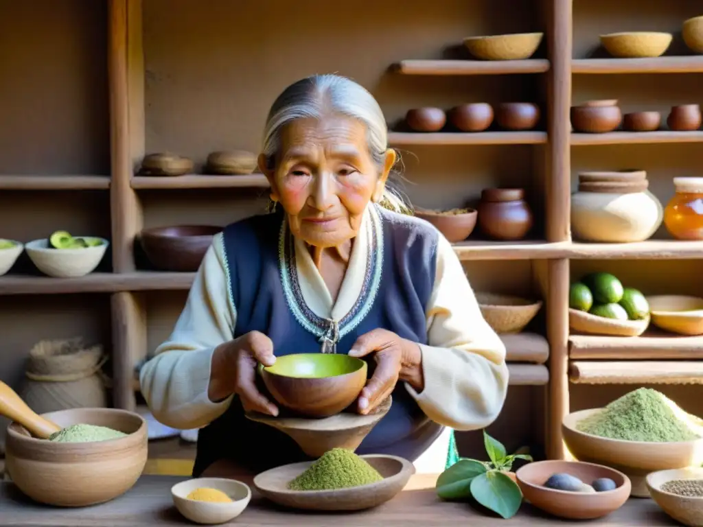 Una anciana preparando mascarillas naturales con sabiduría ancestral, destacando beneficios e historia