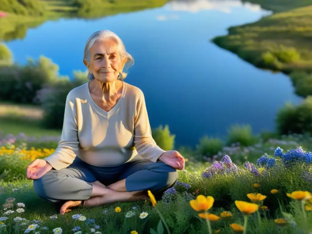 Una anciana en paz, rodeada de flores en un prado verde