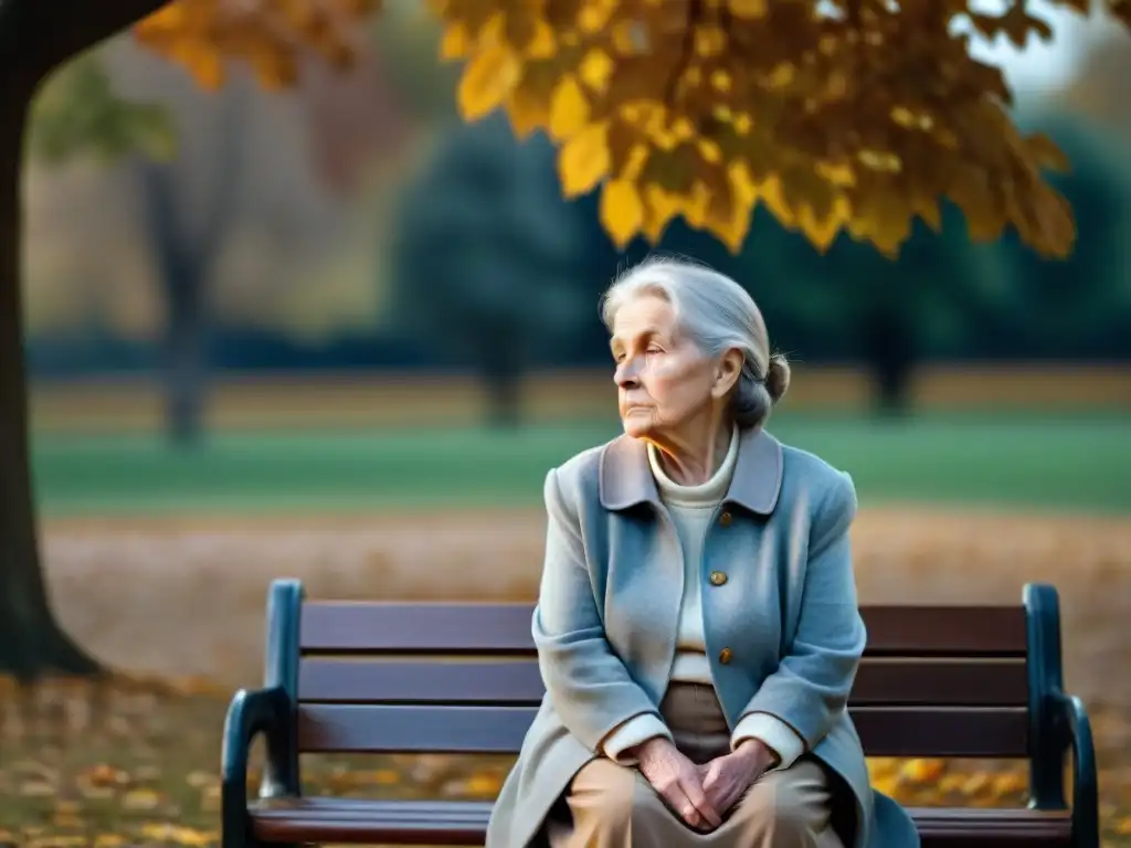 Una anciana reflexiva en un banco del parque, rodeada de hojas de otoño, evocando sociedades secretas en la historia