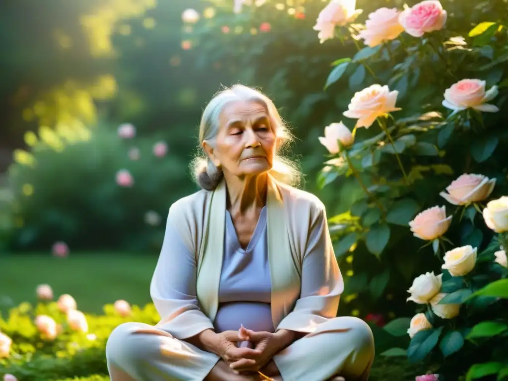 Una anciana rosacruz en meditación, rodeada de rosas en un jardín