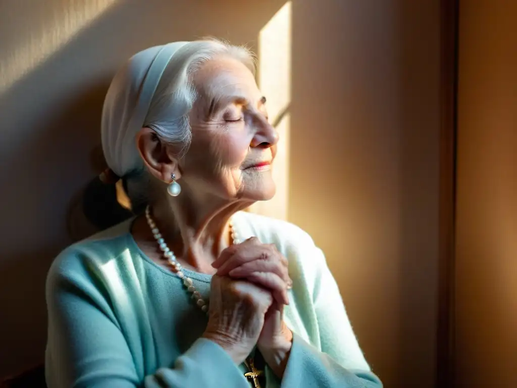 Una anciana en meditación con un rosario, iluminada por una vela, transmite paz y conexión espiritual