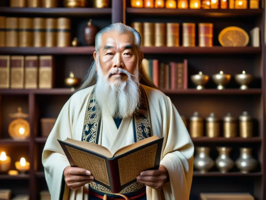Sabiduría ancestral: retrato detallado de anciano asiático con barba blanca y túnicas tradicionales rodeado de manuscritos antiguos Un anciano asiático con barba blanca, atuendo tradicional y sabiduría ancestral, rodeado de manuscritos y artefactos en penumbra