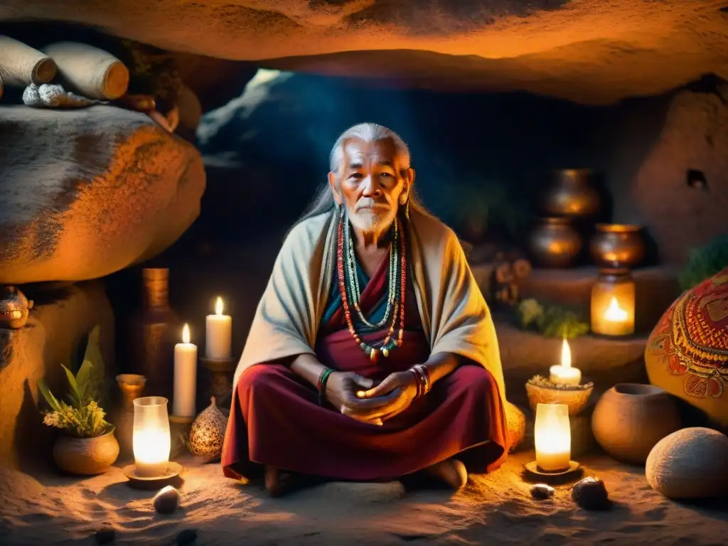 Chamán anciano en cueva iluminada por velas, conectando con sabiduría ancestral