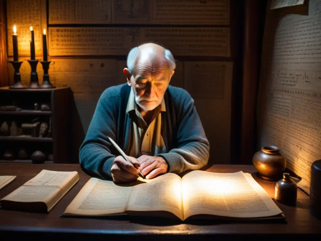 Un anciano en una habitación sombría, hundido sobre un diario lleno de símbolos, rodeado de artefactos antiguos y libros polvorientos