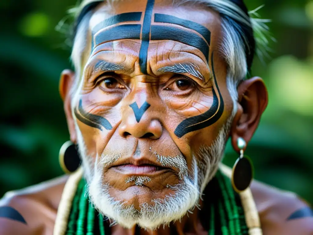 Un anciano indígena con mirada sabia y atuendo tribal, en un bosque místico