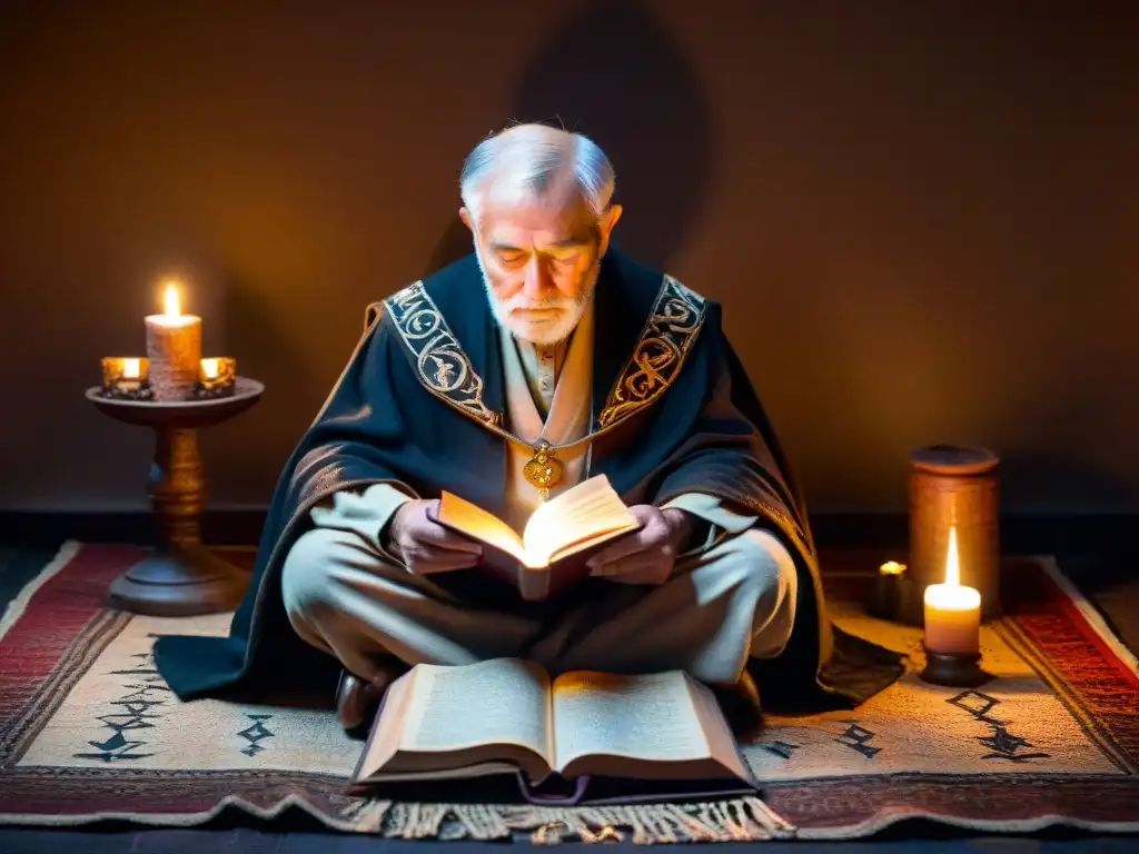 Anciano en habitación misteriosa, rodeado de velas y artefactos antiguos, concentrado en libro de tapa de cuero