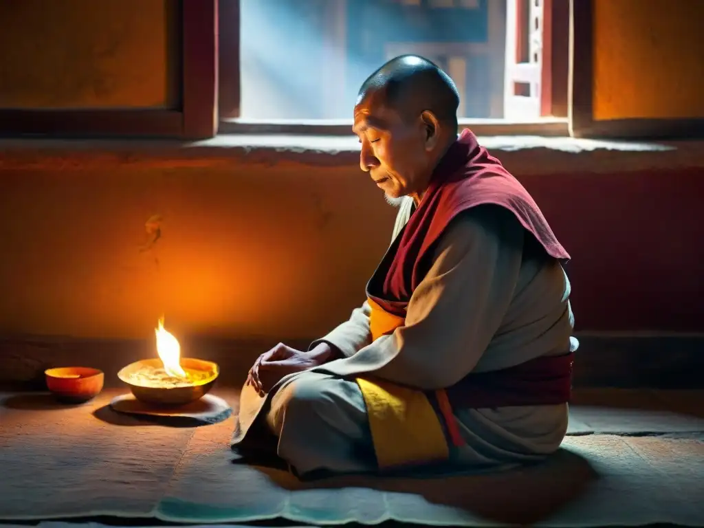 Monje Bonpo anciano en meditación profunda en monasterio iluminado Anciano monje Bonpo en meditación, iluminado por lámparas de mantequilla, rodeado de thangkas en monasterio