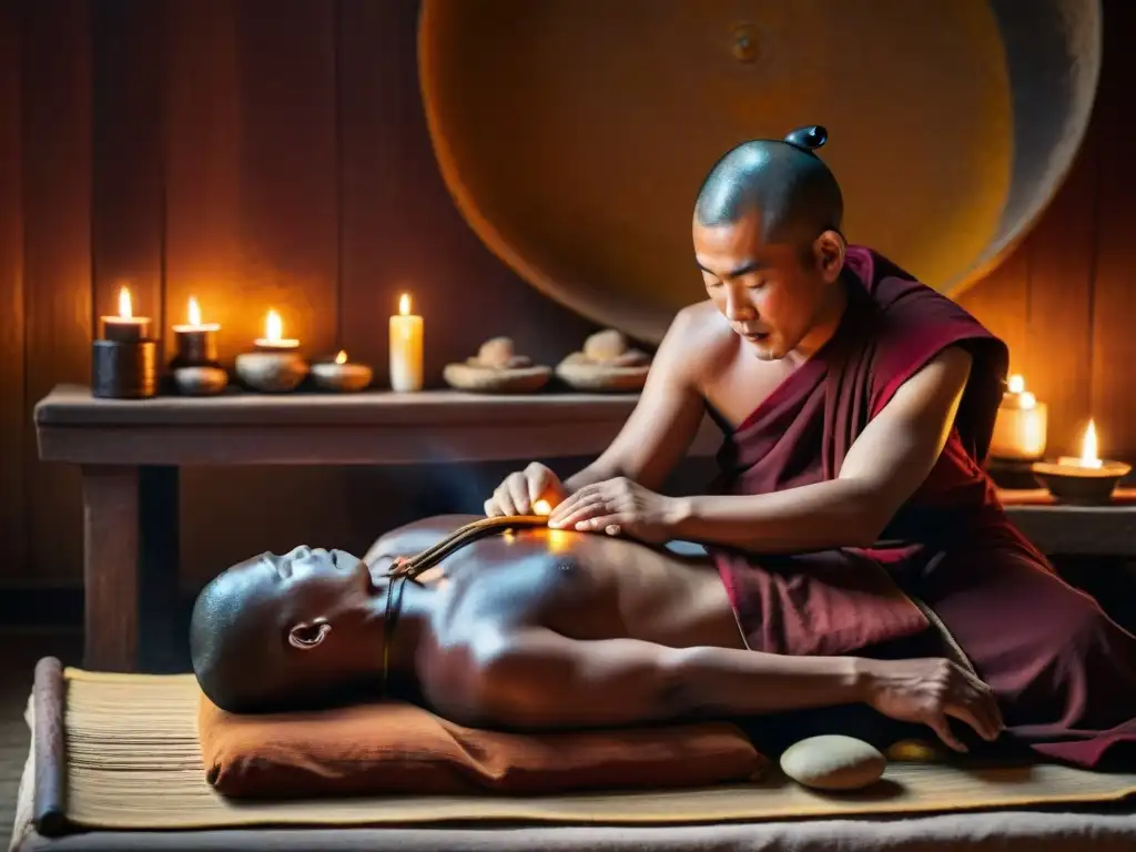 Un anciano monje tibetano realizando terapia con piedras calientes en un templo iluminado por velas, rodeado de incienso y símbolos místicos