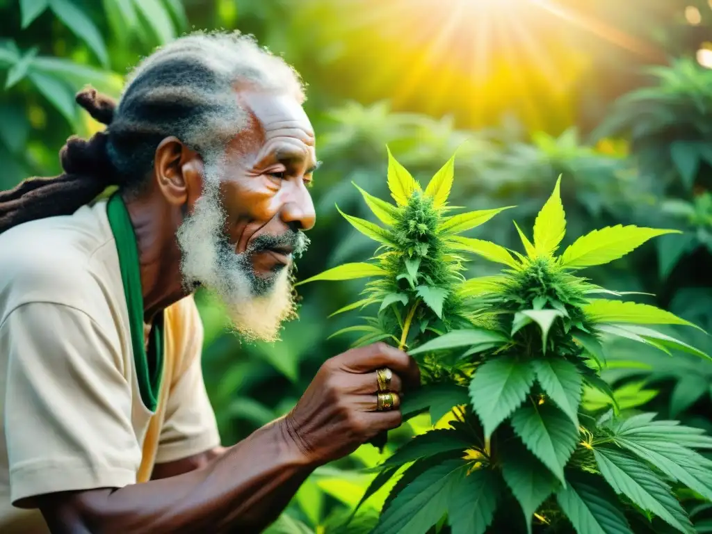 Un anciano rastafari cuida con reverencia una planta de marihuana en un jardín sagrado al atardecer