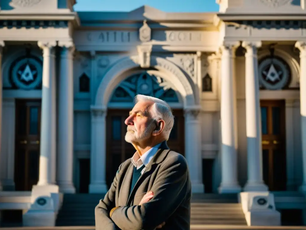 Un anciano reflexivo frente a un imponente edificio masónico al amanecer