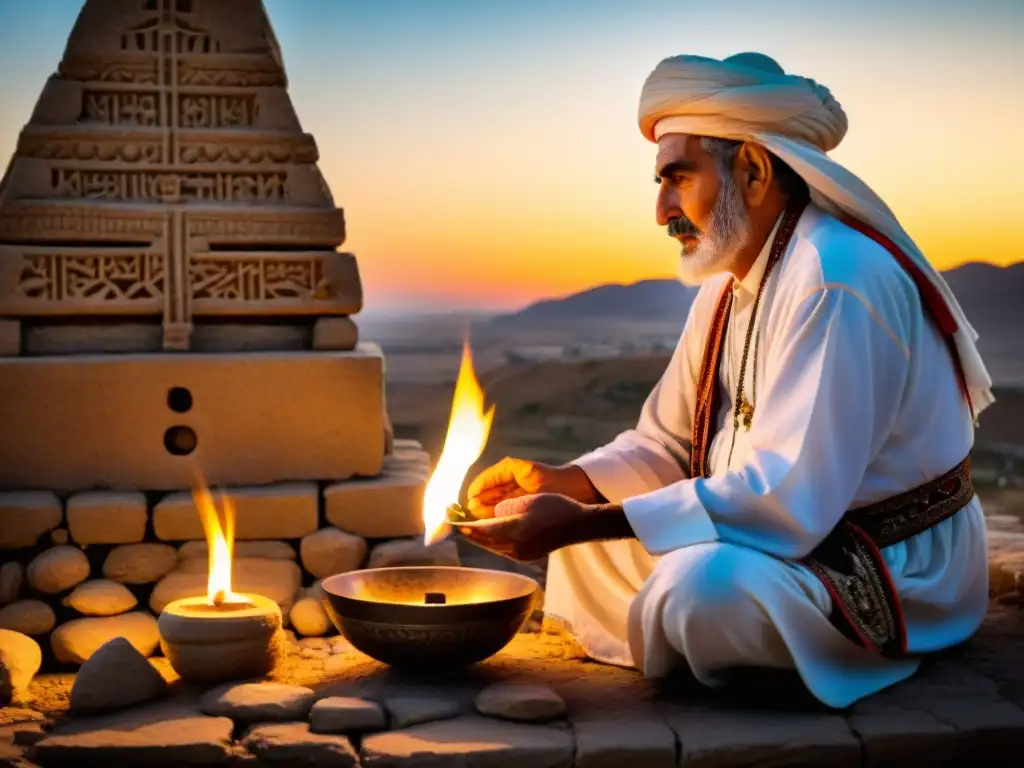 Un anciano Yezidí realiza un ritual sagrado al atardecer en el templo de Mesopotamia