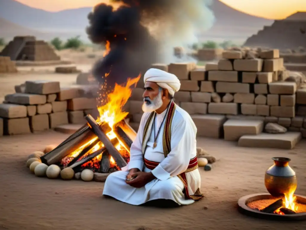 Anciano Yezidi realiza ritual sagrado al amanecer en Mesopotamia, mezclando esoterismo y tradición