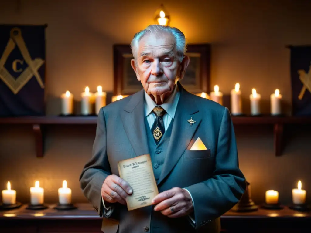 Un anciano con rostro curtido y ojos penetrantes frente a una logia masónica, con símbolos y velas proyectando sombras