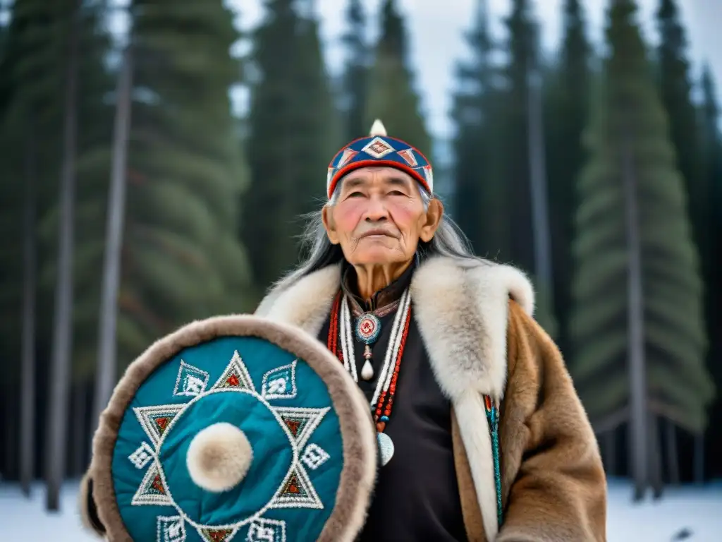 Un anciano chamán siberiano en un paisaje nevado, con un tambor y ofrendas, realizando rituales espirituales