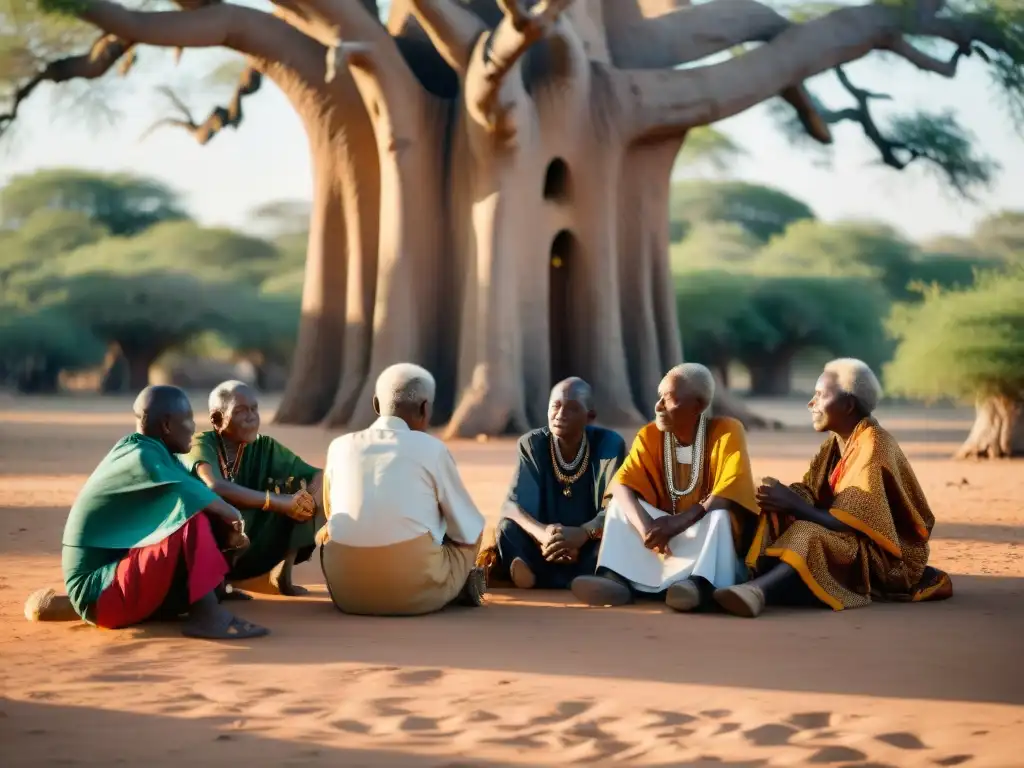 Conversación sabia de ancianos bajo un baobab en África, reflejando misterio y tradición de Sociedades secretas en África