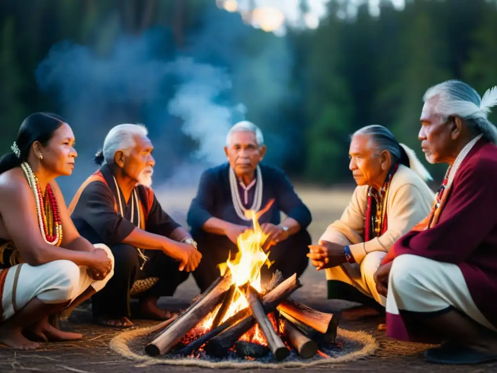 Ancianos indígenas en ceremonia alrededor del fuego, en la sociedad actual