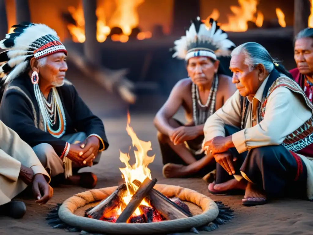 Ancianos indígenas en ceremonia alrededor del fuego, transmitiendo sabiduría ancestral