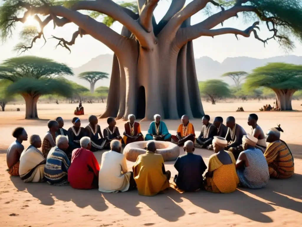 Ancianos tribales africanos en círculo bajo un baobab, discutiendo con sabiduría y tradición