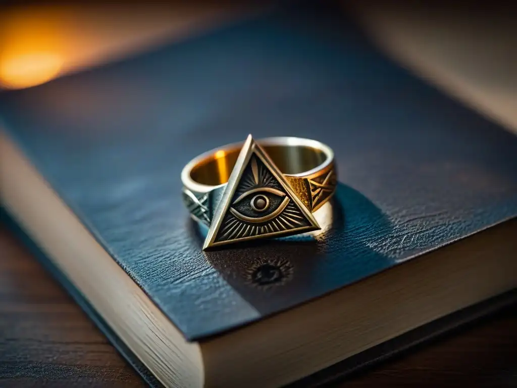 Un anillo Iluminati antiguo y enigmático sobre un libro de símbolos, revelando misterios sociedades secretas Iluminati