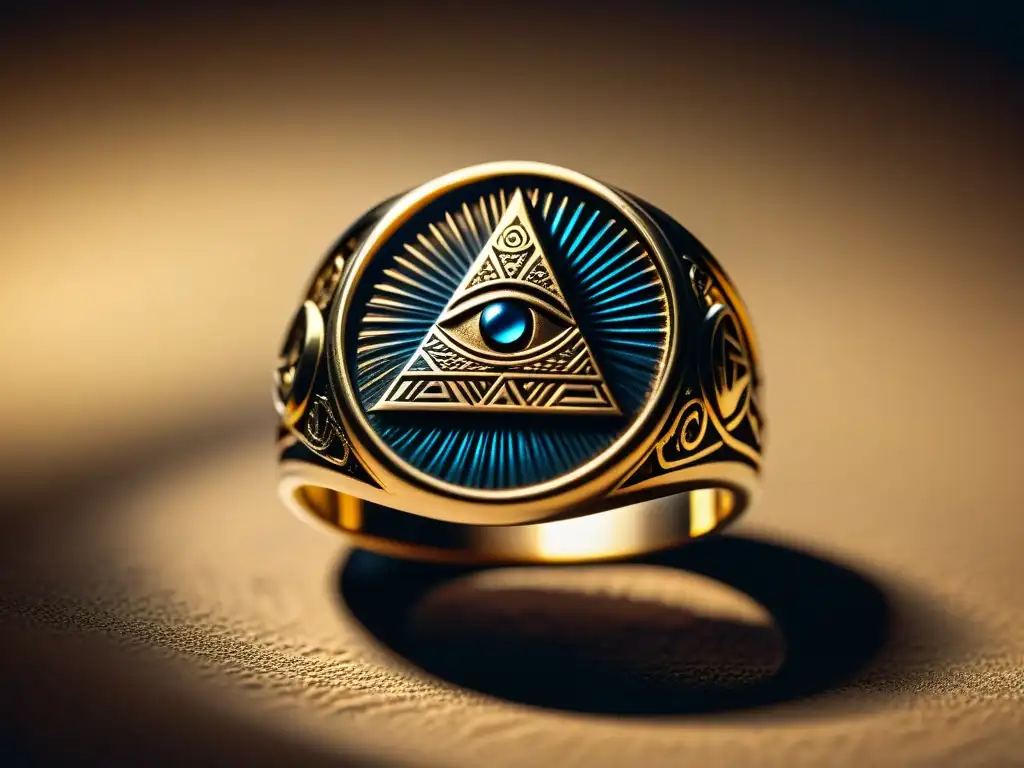 Un anillo misterioso de las sociedades secretas Iluminati, con símbolos enigmáticos iluminados por una luz tenue y ominosa