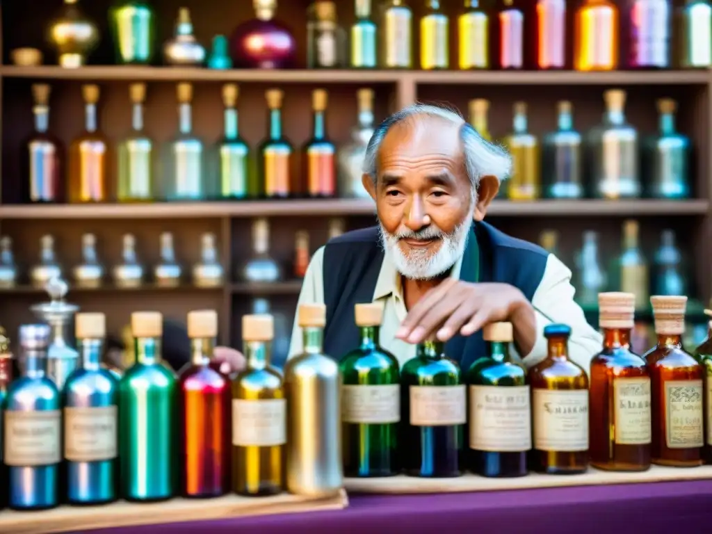 En el animado mercado de elixires místicos, un anciano sabio muestra botellas relucientes a clientes intrigados