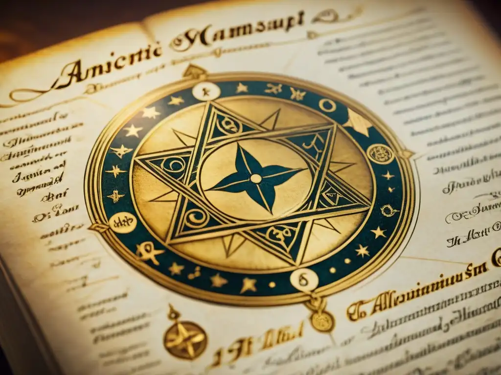 Manuscrito Rosacruz: Símbolos alquímicos y misterios celestiales Antigua ilustración Rosacruz de alquimia con símbolos y diagramas esotéricos en pergamino envejecido