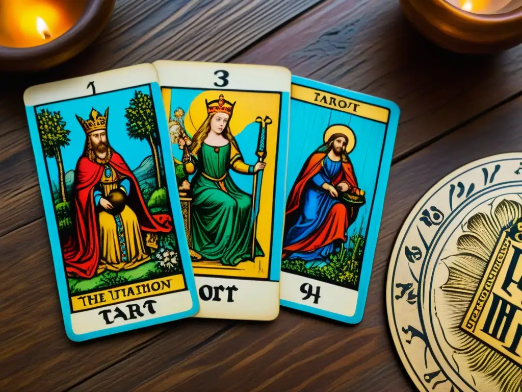 Antigua baraja de tarot del siglo XV, con diseños detallados y colores vibrantes sobre una mesa de madera envejecida