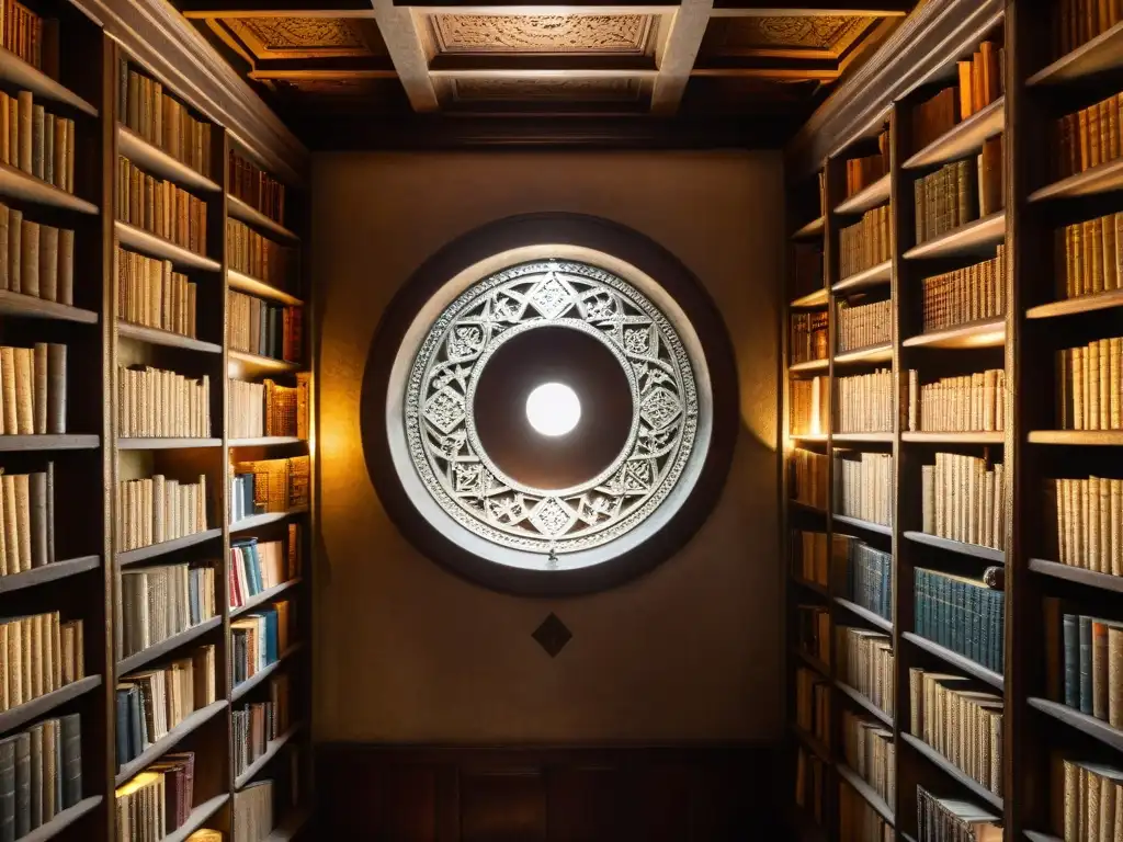 Antigua biblioteca iluminada con misteriosos libros de 'Sociedades secretas influencia historia revelada', creando atmósfera de secreto y misterio