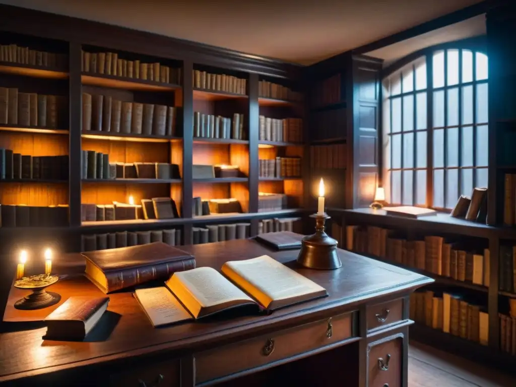 Antigua biblioteca iluminada por un rayo de luz, con libros de cuero y un escritorio desordenado