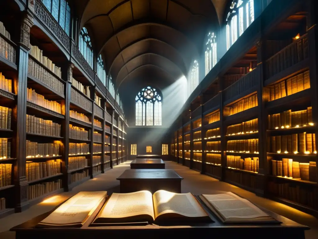 Antigua biblioteca iluminada por rayos de sol, revelando manuscritos prohibidos Illuminati