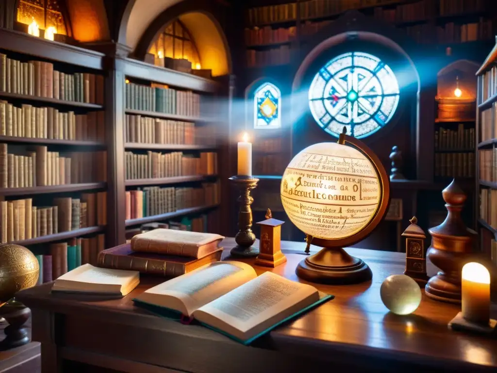 Una antigua biblioteca iluminada con tenue luz, repleta de tomos polvorientos y artefactos místicos