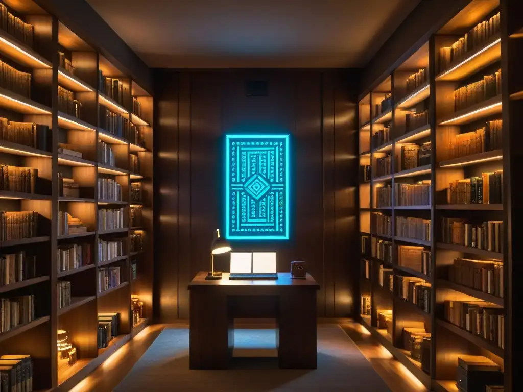 Antigua biblioteca iluminada con tomos polvorientos y tecnología AI, reflejando la influencia de sociedades secretas en el mundo moderno