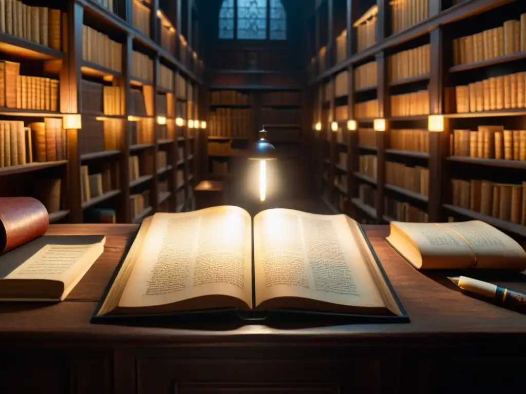 Antigua biblioteca iluminada, con tomos polvorientos y un diario de Leonardo da Vinci