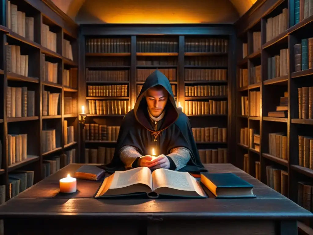 En una antigua biblioteca iluminada por una vela, un misterioso personaje examina libros antiguos