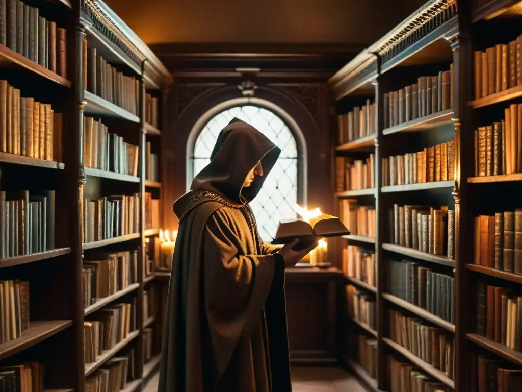 En una antigua biblioteca iluminada por una vela, una figura misteriosa toca un libro titulado 'Secretos de los Rosacruces'