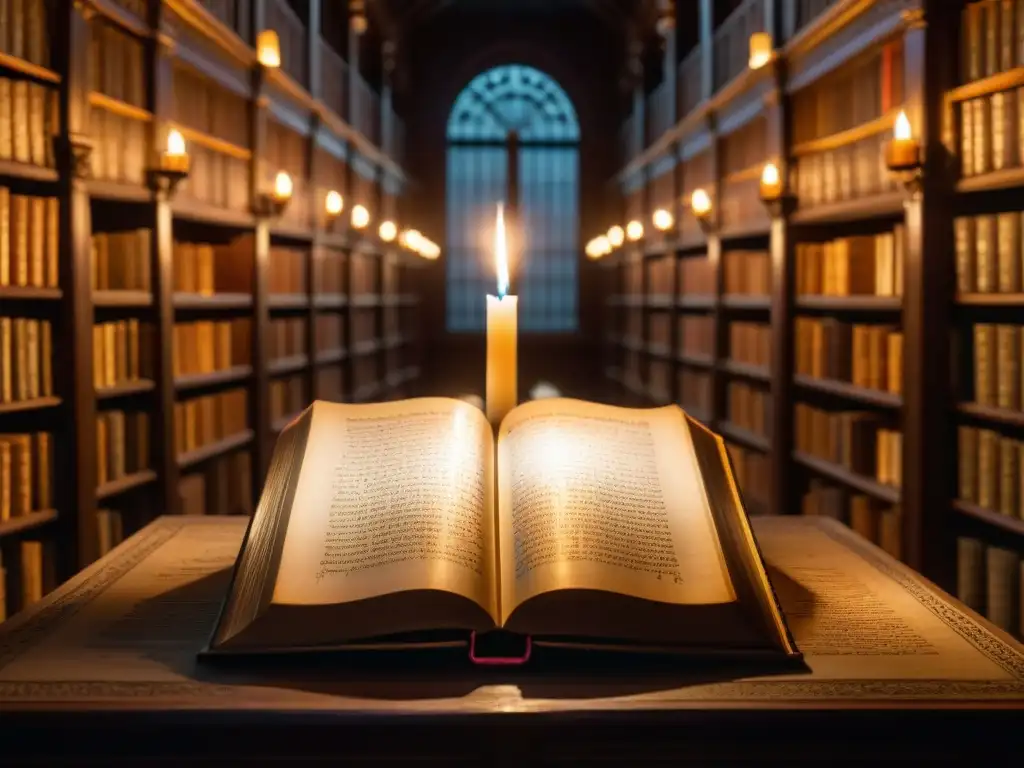 Antigua biblioteca iluminada por una vela, con partituras y símbolos esotéricos