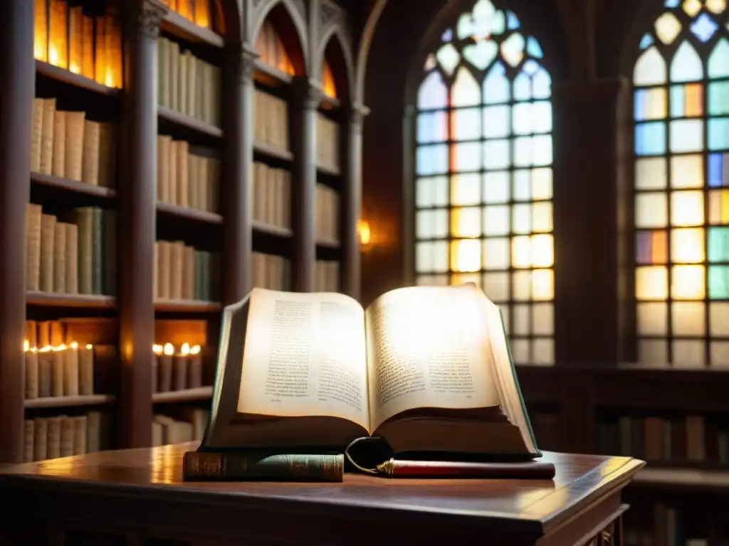 Una antigua biblioteca iluminada por velas, con libros desgastados en estantes y un libro titulado 'El Legado Secreto de los Asesinos'