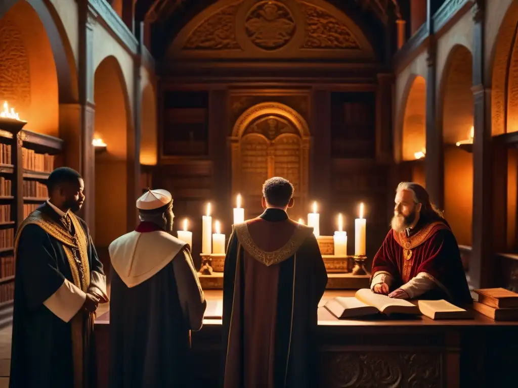 Antigua biblioteca iluminada por velas, Rosacruces preservación sabiduría esotérica