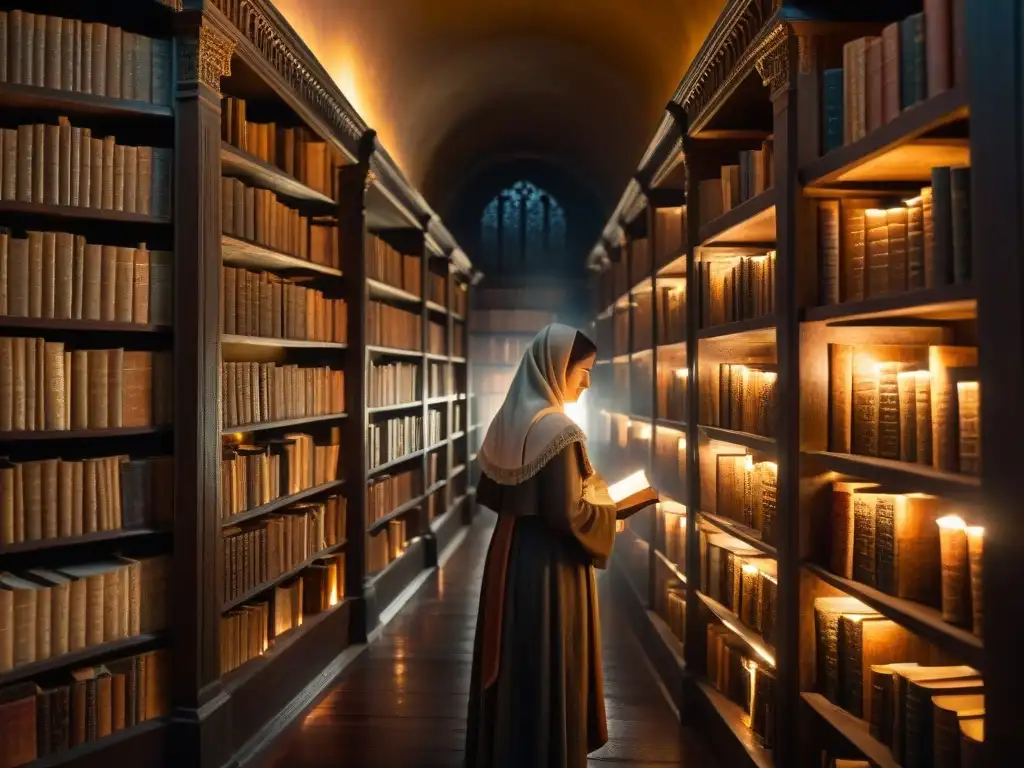 En una antigua biblioteca iluminada por velas, libros antiguos y símbolos misteriosos evocan secretas sociedades e historia