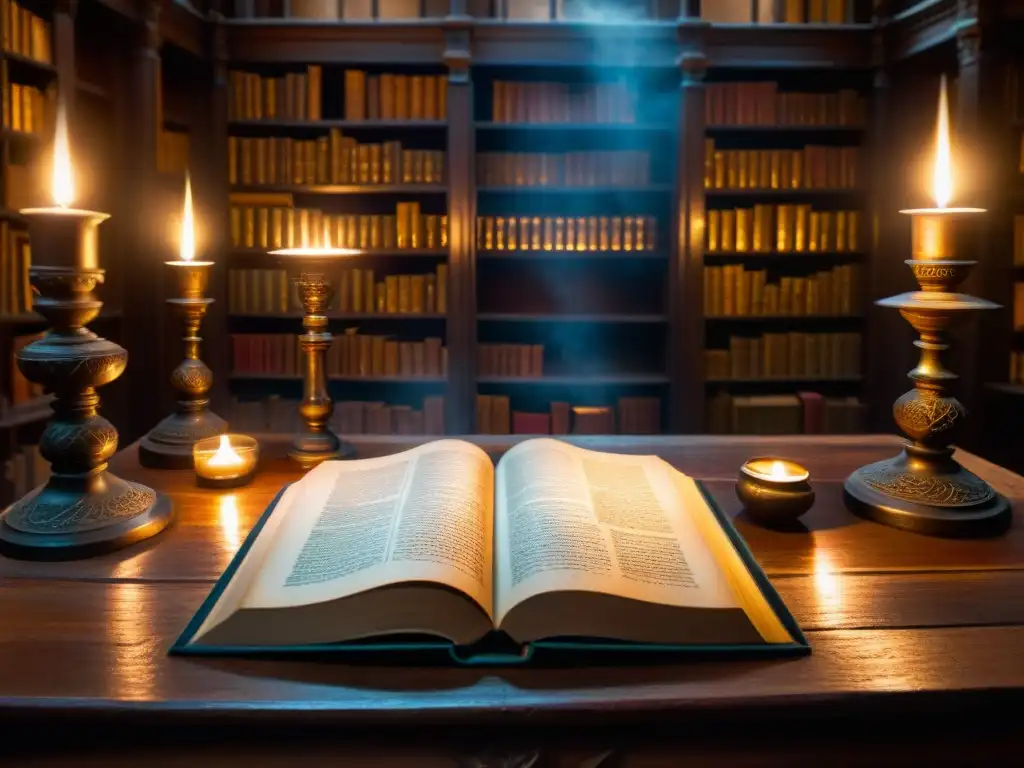 Una antigua biblioteca iluminada por velas, con un símbolo de alquimia en una mesa de madera