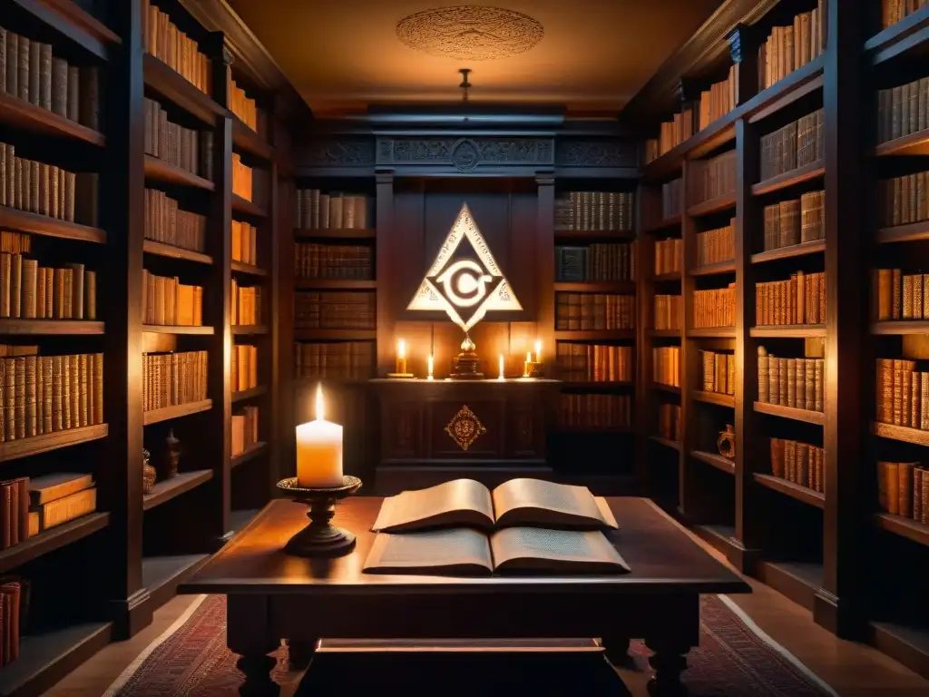 Antigua biblioteca iluminada por velas, mesa con manuscrito 'Illuminati'